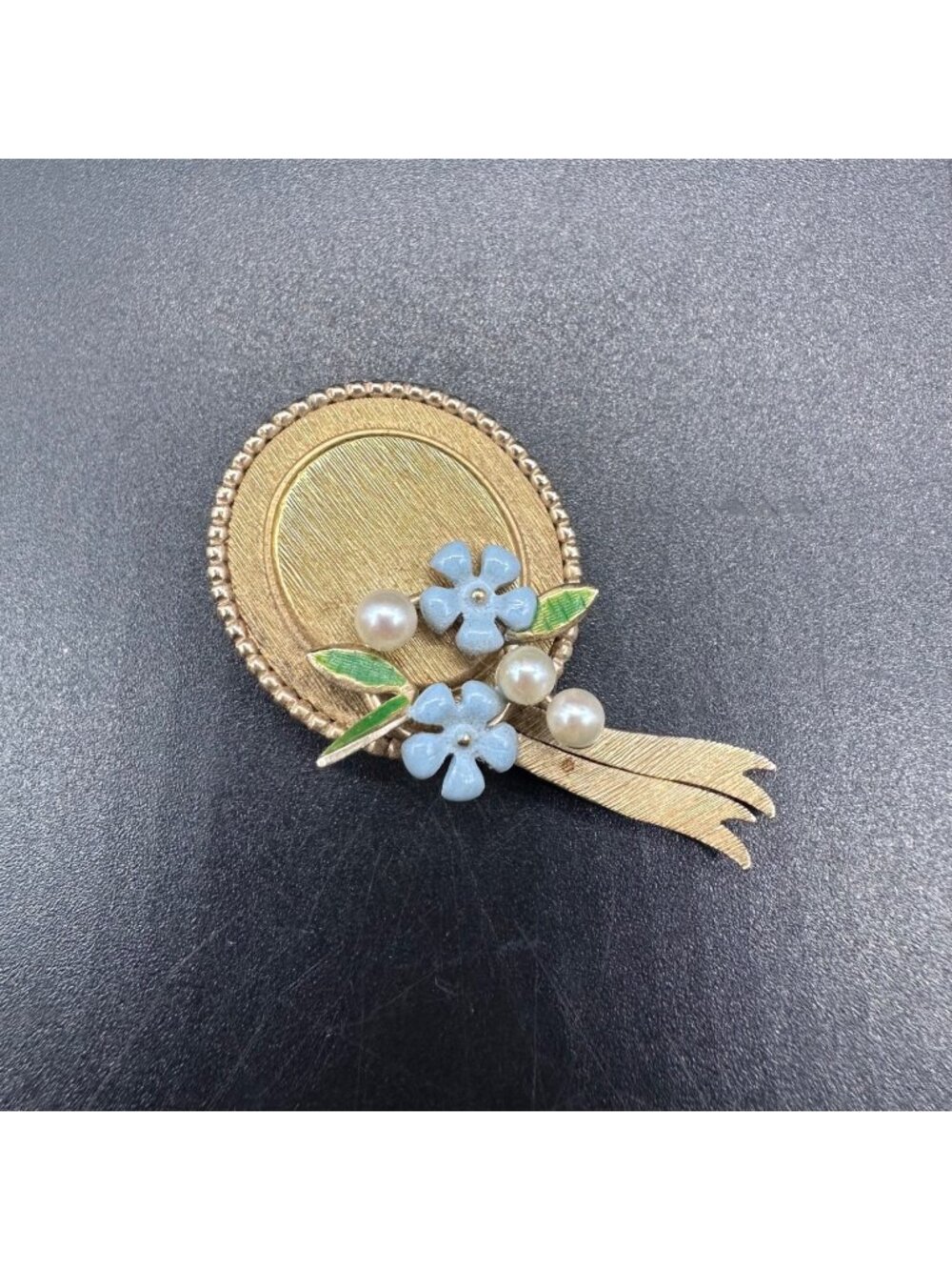 Vintage Brooch Hat Forget Me Not Flowers Faux Pearls Krementz 1967 14K Gold Fill